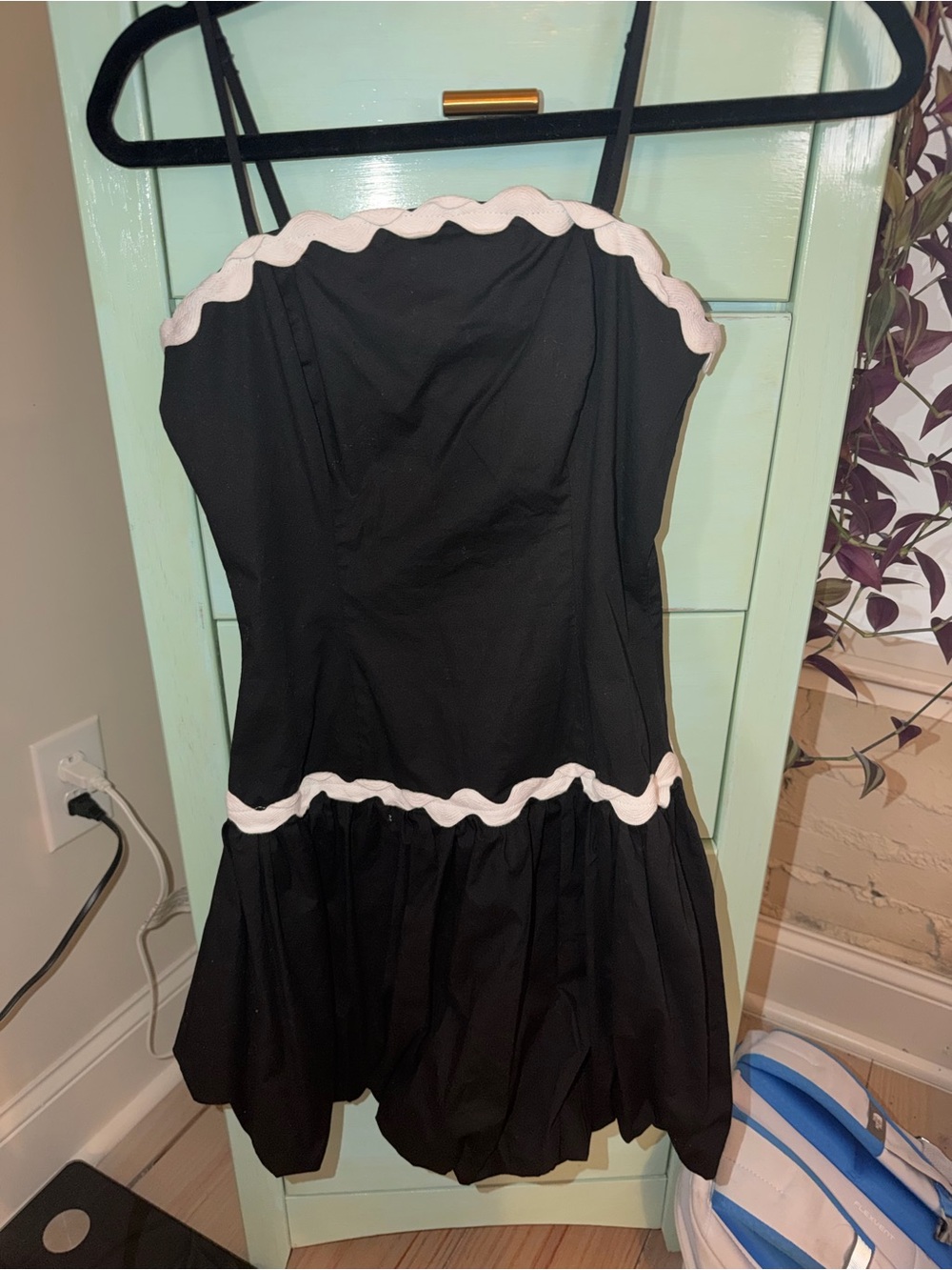 Black Party Dress with White Scallop Trim Bubble Hem